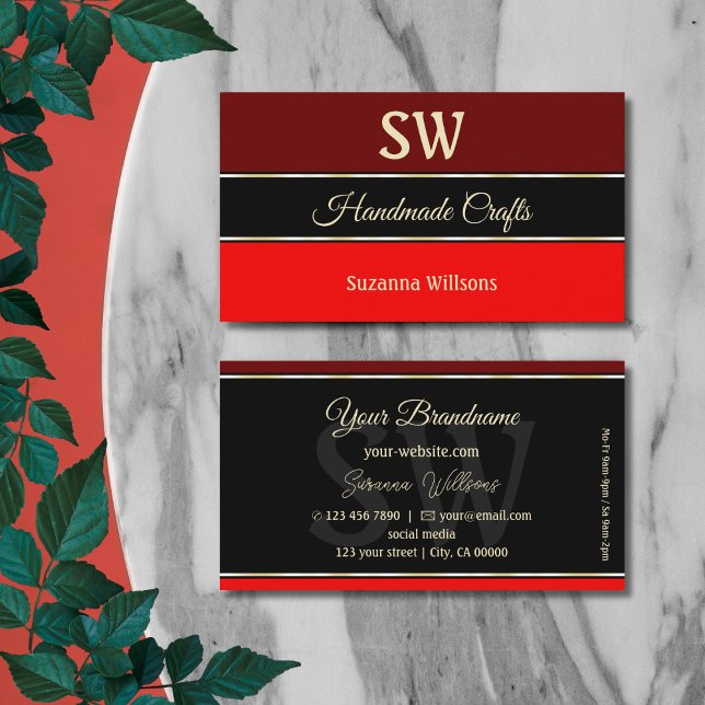 Maroon and Red Borders on Black Chic with Monogram Business Card (Creator Uploaded)