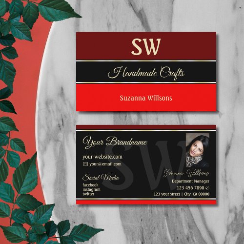 Maroon and Red Borders on Black Monogram and Photo Business Card