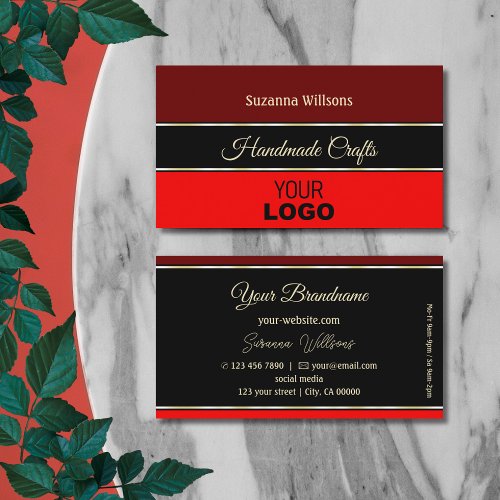 Maroon and Red Borders on Black Stylish with Logo Business Card