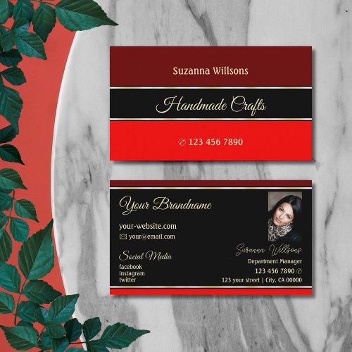 Maroon and Red Borders on Black Stylish with Photo Business Card