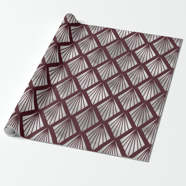 Maroon and Silver Art Deco Diamond Pattern Wrapping Paper (Unrolled)