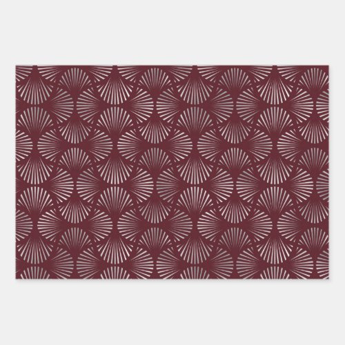 Maroon and Silver Art Deco Fan Pattern Wrapping Paper Sheets