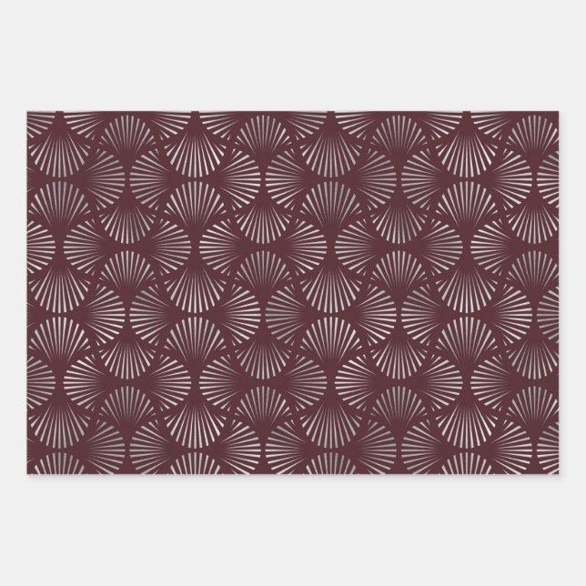 Maroon and Silver Art Deco Fan Pattern Wrapping Paper Sheets (Front)