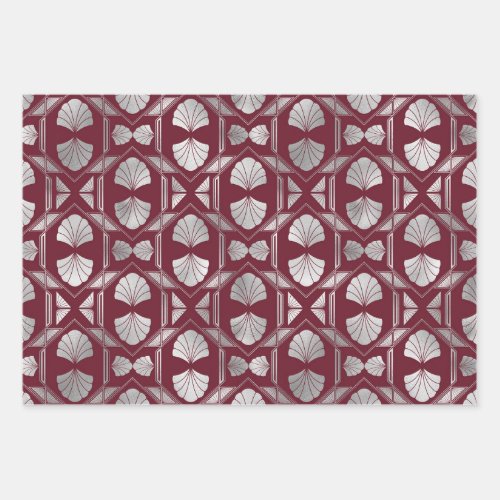 Maroon and Silver Art Deco Shell Pattern Wrapping Paper Sheets