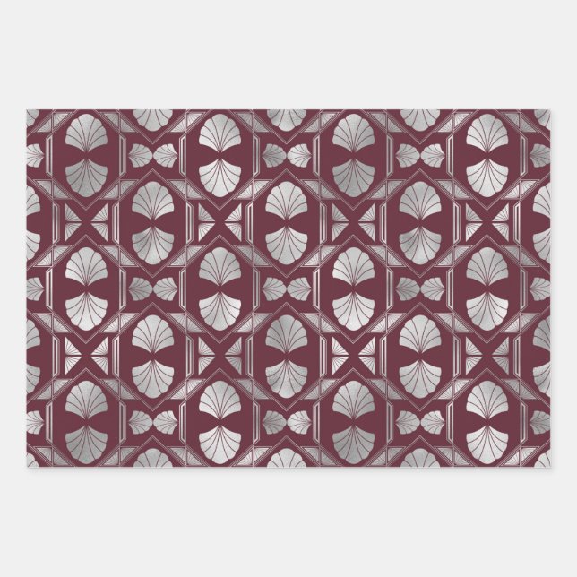 Maroon and Silver Art Deco Shell Pattern Wrapping Paper Sheets (Front)