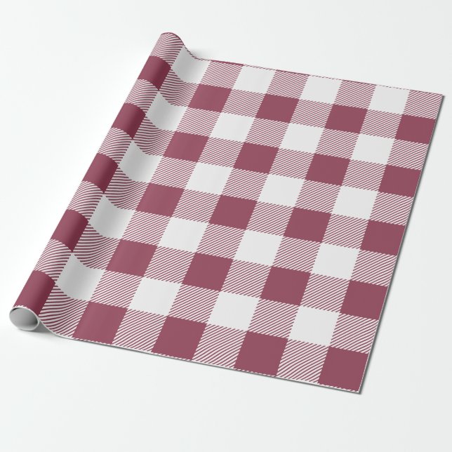 Maroon and White Buffalo Plaid Wrapping Paper (Unrolled)