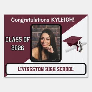 Maroon and White Cap and Diploma Graduation Sign