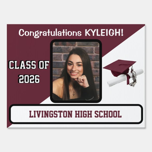 Maroon and White Cap and Diploma Graduation Sign (Front)
