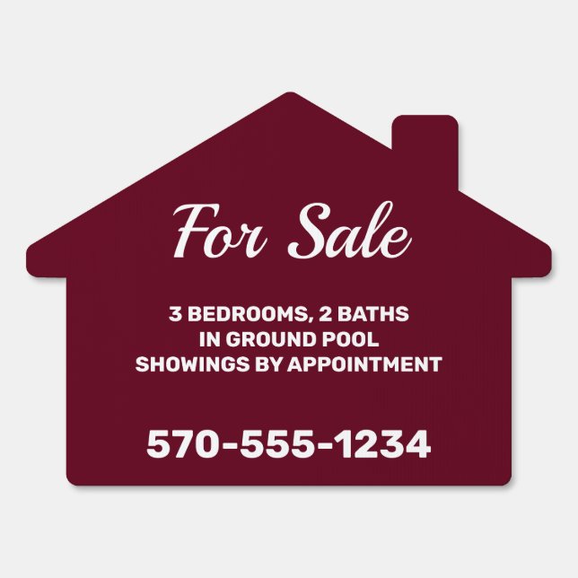 Maroon and White Custom House For Sale Lawn Sign (Front)