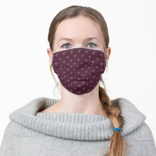 Maroon and White Cute Heart Outline Pattern Adult Cloth Face Mask