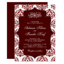 Maroon and White Damask Islamic Muslim Wedding Invitation