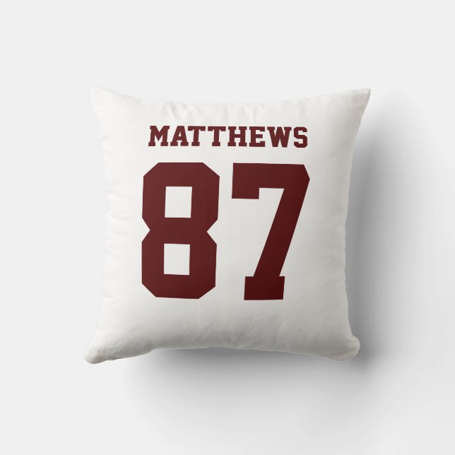 Maroon and White Double-Sided Sports Jersey Throw Pillow (Back)