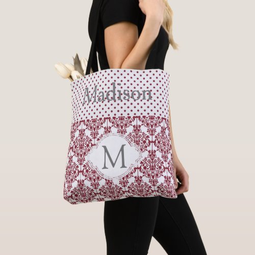 Maroon and White Girly Trendy Initial Monogram Tote Bag