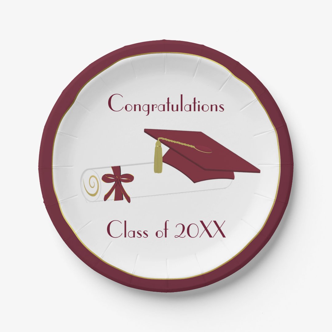 Maroon and White Graduation Custom Paper Plates Zazzle