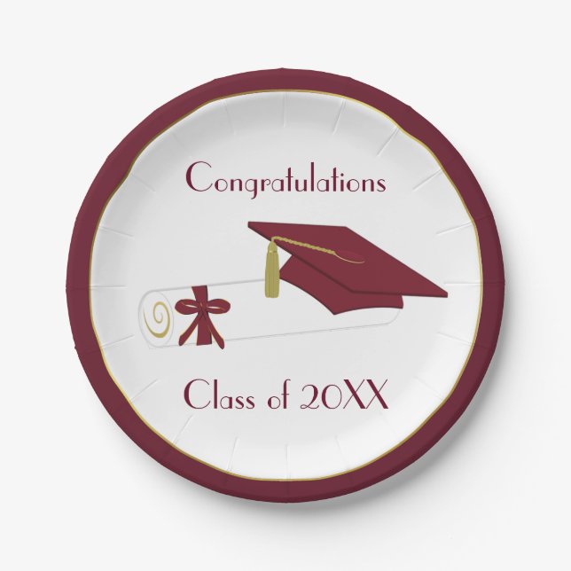 Maroon and White Graduation Custom Paper Plates (Front)