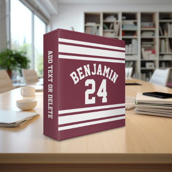 Maroon And White Jersey Stripes Custom Name Number Binder by MyRazzleDazzle at Zazzle
