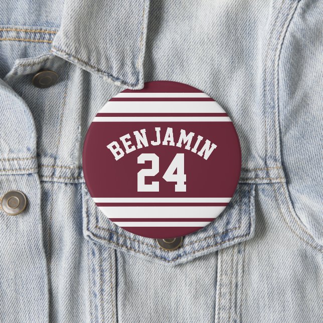 Maroon and White Jersey Stripes Custom Name Number Button (In Situ)