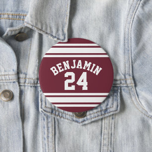 Maroon and White Jersey Stripes Custom Name Number Button