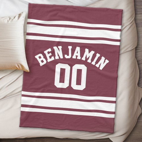 Maroon and White Jersey Stripes Custom Name Number Fleece Blanket