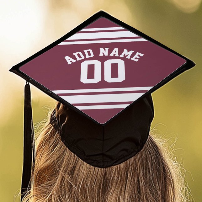 Maroon and White Jersey Stripes Custom Name Number Graduation Cap Topper (Custom Graduation Cap Topper)