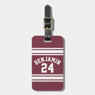 Maroon and White Jersey Stripes Custom Name Number Luggage Tag