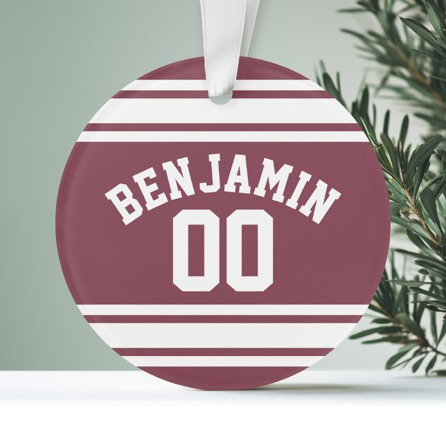 Maroon and White Jersey Stripes Custom Name Number Ornament (Personalized Ornament - Sports Theme)