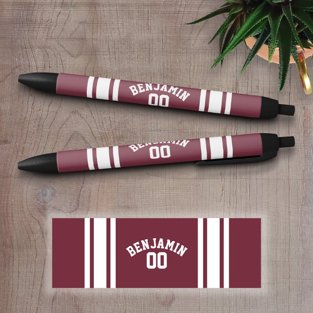 Maroon and White Jersey Stripes Custom Name Number Pen (Personalized Writing Pens - add your name, monogram or other text)