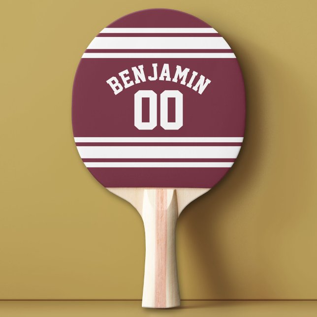 Maroon and White Jersey Stripes Custom Name Number Ping-Pong Paddle (Custom Ping Pong Paddle with a Sports Theme)