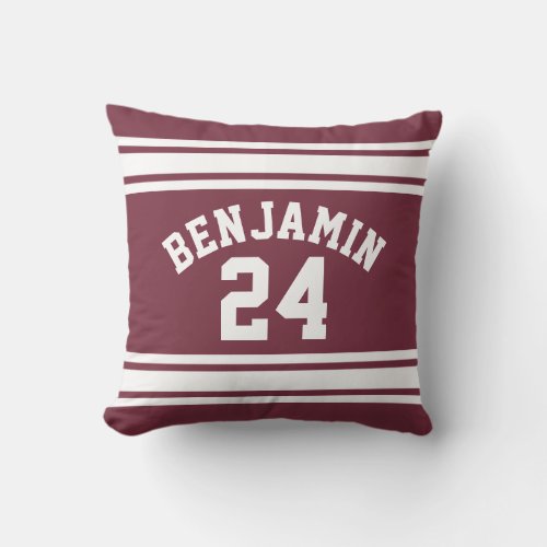 Maroon and White Jersey Stripes Custom Name Number Throw Pillow