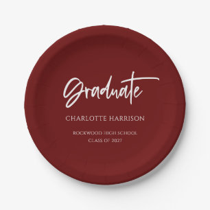 Maroon and White Modern Script Graduation Party Paper Plates