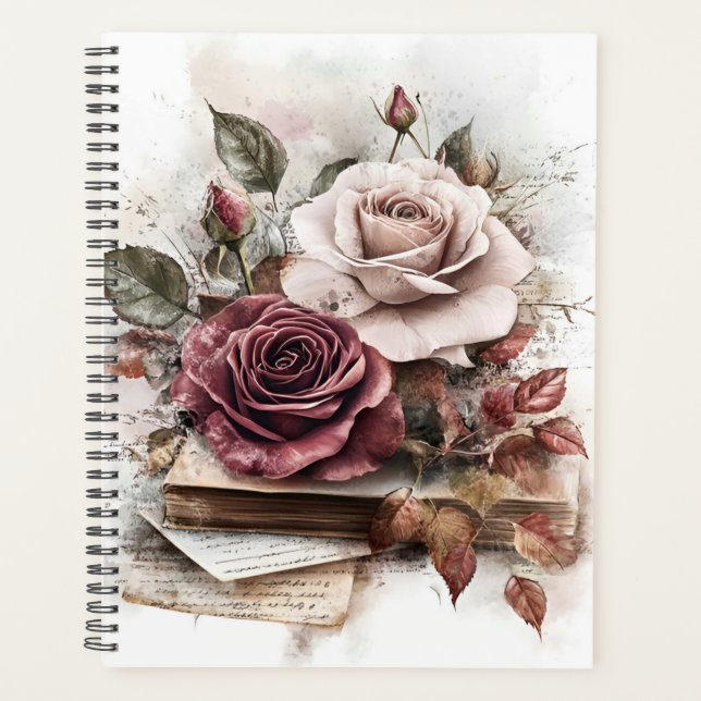 Maroon and white roses with letters and books planner (Front)