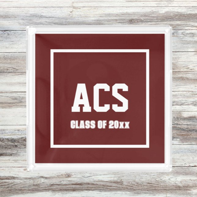 Maroon and White School Colors and Letters Acrylic Tray (In Situ Top View)