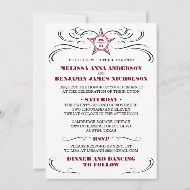Maroon and White Southern Style Wedding Invitation (Front)