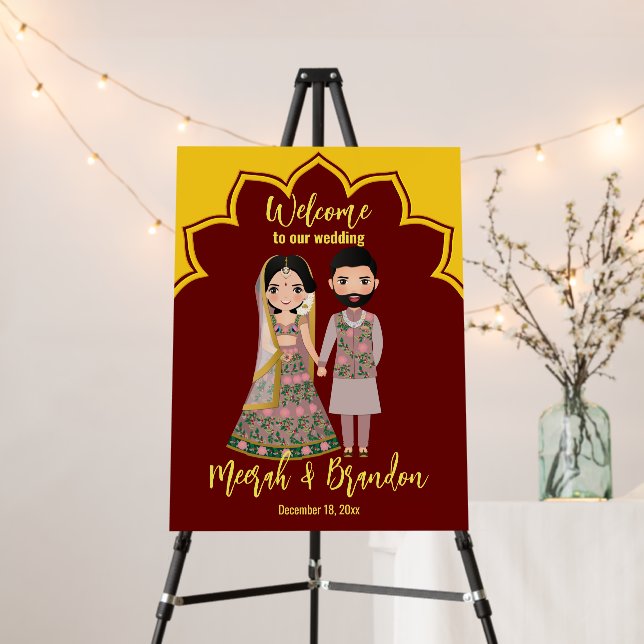 Maroon and yellow border Indian couple welcome  Foam Board (In Situ (Stand))