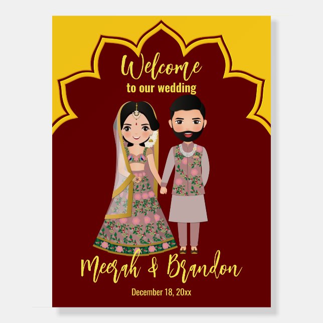 Maroon and yellow border Indian couple welcome  Foam Board (Front)