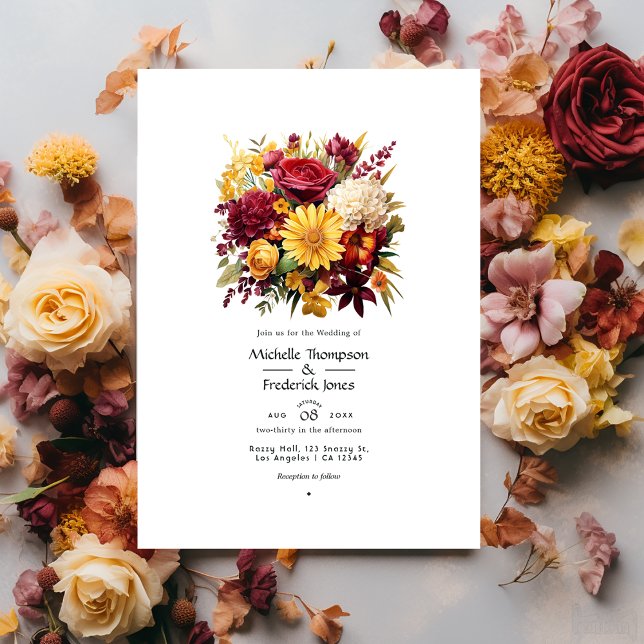 Maroon and Yellow Floral Wedding QR Code Invitation (Creator Uploaded)