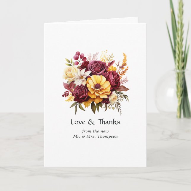 Maroon and Yellow Floral Wedding Thank You Card (Front)