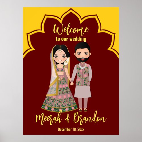 Maroon and yellow Indian couple welcome Poster