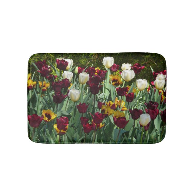 Maroon and Yellow Tulips Colorful Floral Bath Mat (Front)