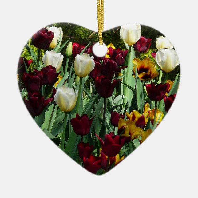Maroon and Yellow Tulips Colorful Floral Ceramic Ornament (Front)