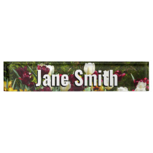Maroon and Yellow Tulips Colorful Floral Desk Name Plate