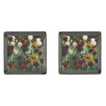 Maroon and Yellow Tulips Colorful Floral Gunmetal Finish Cufflinks