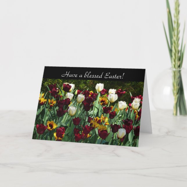 Maroon and Yellow Tulips Colorful Floral Holiday Card (Front)