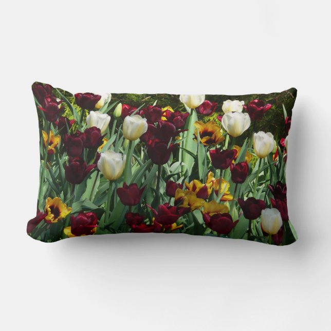Maroon and Yellow Tulips Colorful Floral Lumbar Pillow (Front)