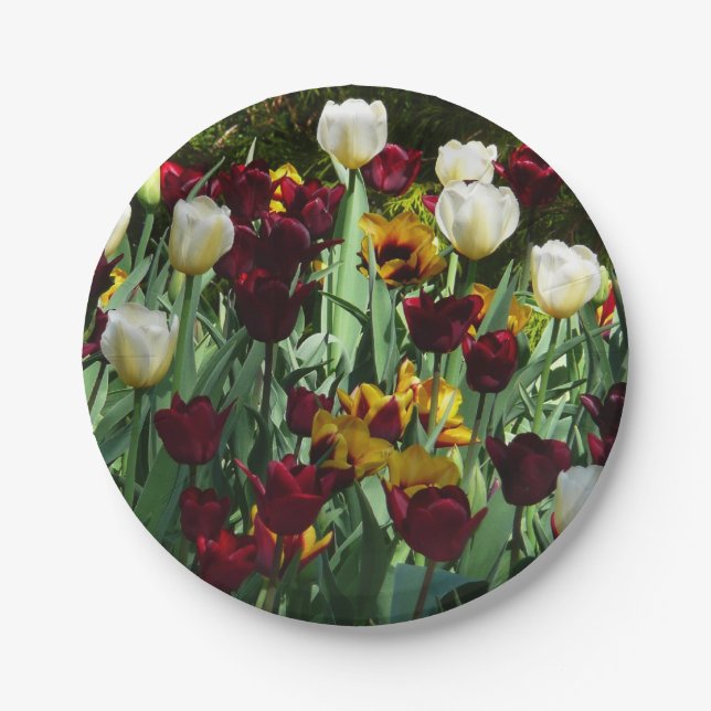 Maroon and Yellow Tulips Colorful Floral Paper Plates (Front)