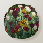 Maroon and Yellow Tulips Colorful Floral Round Pillow