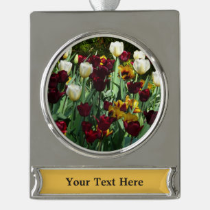 Maroon and Yellow Tulips Colorful Floral Silver Plated Banner Ornament