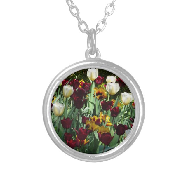 Maroon and Yellow Tulips Colorful Floral Silver Plated Necklace (Front)