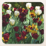 Maroon and Yellow Tulips Colorful Floral Square Paper Coaster