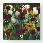 Maroon and Yellow Tulips Colorful Floral Square Wall Clock